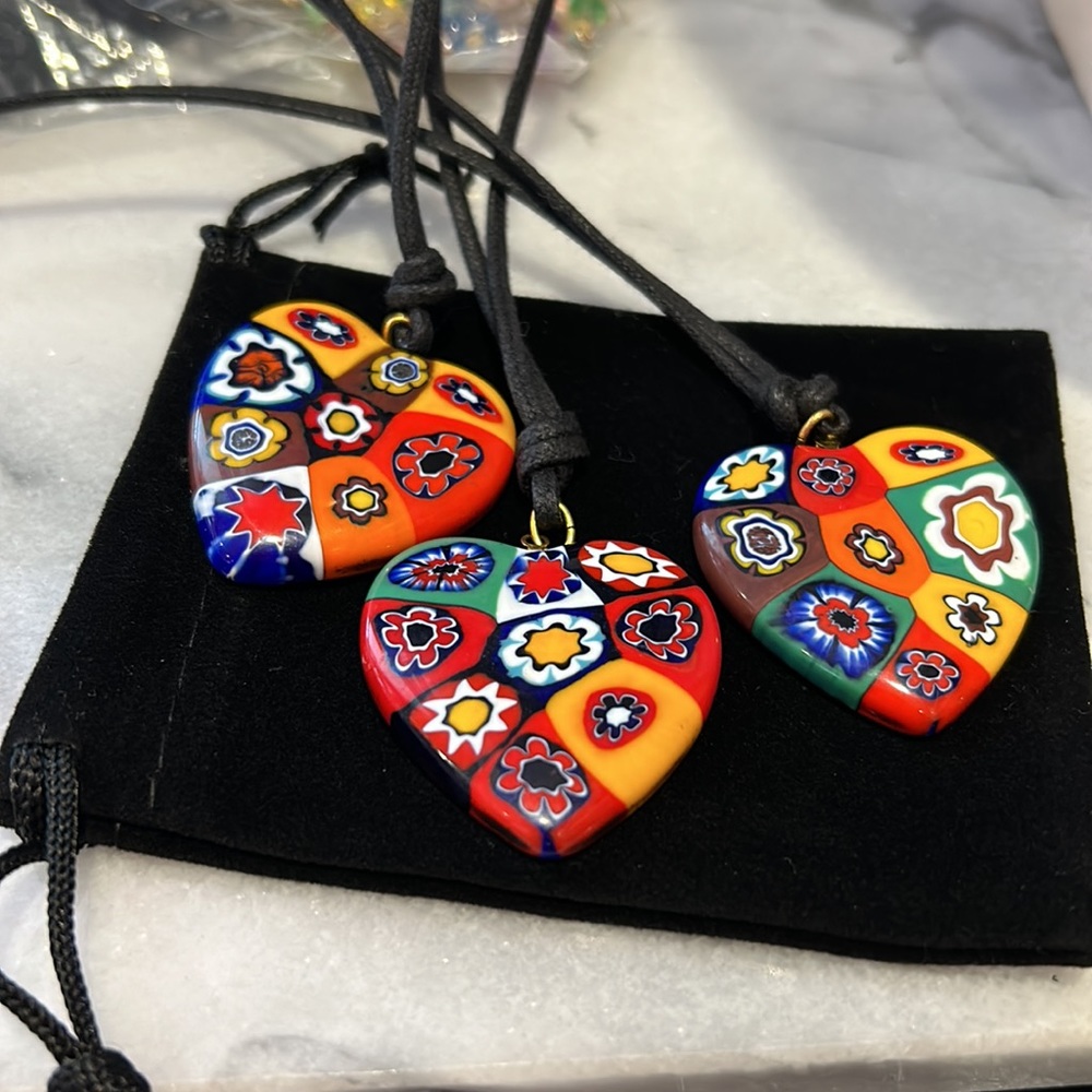 Vintage Venetian Glass Heart Pendant on Leather  Necklace-Boutique